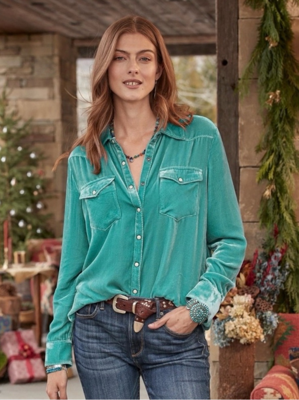 SUNDANCE Cassidy Aqua Velvet Silk Long Sleeve Pearl Snap Front Shirt - Size M